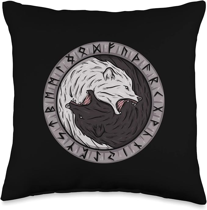 Nordic Country & Celtic Mythology Designs Viking Norway Norwegian Scandinavian Yin and Yang Wolf Odin Throw Pillow, 16x16, Multicolor