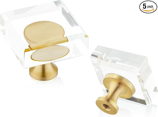 QOGRISUN 5-Pack Brass Crystal Cabinet Knobs,Glass Crystal Gold Drawer Knobs,1-1/8-Inch Square,Decorative Dresser Pulls, Modern Cabinet Hardware