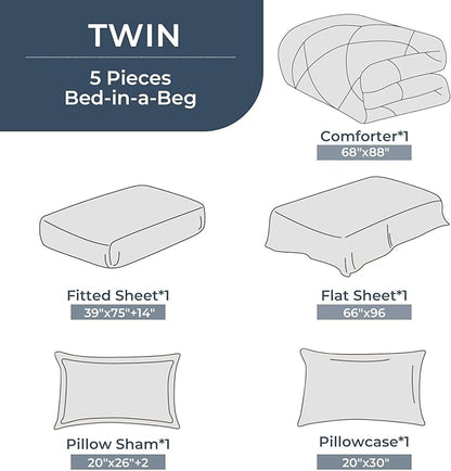 HEVUMYI Twin Comforter Set - 5-Piece All Season Bed in a Bag Twin, Ultra Soft Bedding Set with Comforter, Flat Sheet, Fitted Sheet, Pillowcases, Pillow Shams, Dark Grey & Light Grey
