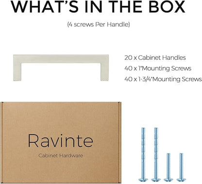 Ravinte 20 Pack Solid 3-1/2 Inch Center to Center Slim Square Bar Dresser Drawer Handles Kitchen Cabinet Handles Brushed Nickel Drawer Pulls Kitchen Cabinet Hardware Pulls