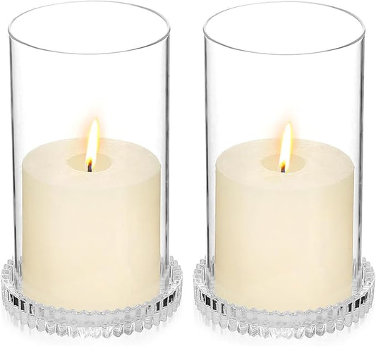 Hurricane Glass Candle Holders Set of 2, Serrated Round Candle Stand for Pillar Candles Modern CandleHolders Cylinder Chimney Cover for Outdoor Wedding Decor Parties & Table Centerpieces