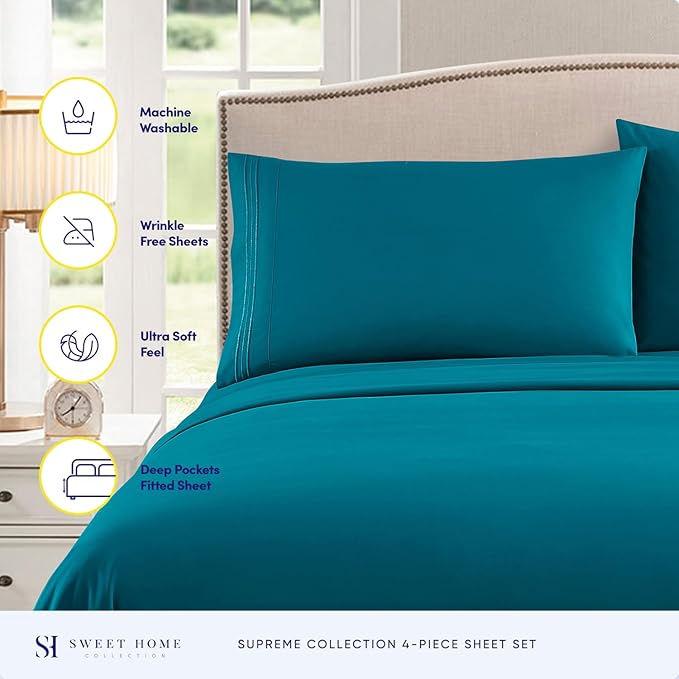 Twin XL Sheets - Breathable Luxury Sheets with Full Elastic & Secure Corner Straps Built In - 1800 Supreme Collection Extra Soft Deep Pocket Bedding Set, Sheet Set, Twin XL, Teal
