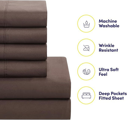 Sweet Home Collection 7 Piece Comforter Set Bag Solid Color All Season Soft Down Alternative Blanket & Luxurious Microfiber Bed Sheets, Brown, Queen