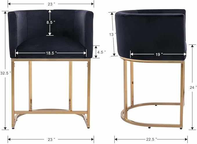 Modern Counter Height Velvet Upholstered Bar Stools Set of 3, 24" Kitchen Counter Island Stools Bar Chairs with Gold Metal Frame for Kitchen Island, Black