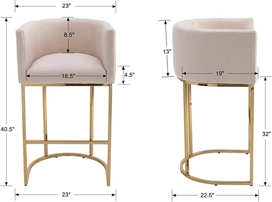 Modern Counter Height Linen Upholstered Bar Stools Set of 2, 32" Kitchen Counter Island Stools Bar Chairs with Gold Metal Frame for Kitchen Island, Cream