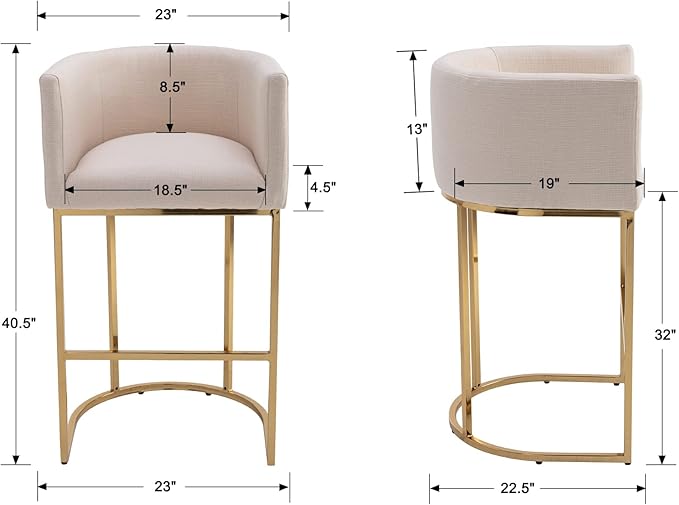 Modern Counter Height Linen Upholstered Bar Stool, 32" Kitchen Counter Island Stool Bar Chairs with Gold Metal Frame for Kitchen Island, Cream
