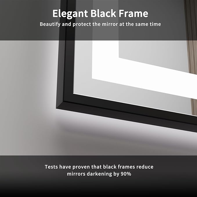Bathroom Mirrors with Lights, 55x28 Inch Black Framed Gradient Front and Backlit LED Vanity Mirror, 3 Colors Dimmable CRI>90, IP54 Enhanced Anti-Fog Smart Mirror