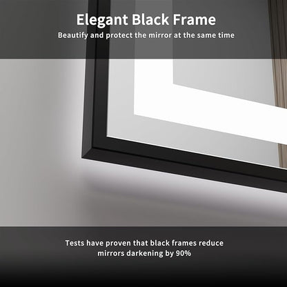 LED Mirror, 60x36 Inch Black Framed Gradient Front and Backlit Bathroom Mirror Black Frame, 3 Colors Dimmable CRI>90, IP54 Enhanced Anti-Fog Wall Mounted Bathroom Vanity Mirror