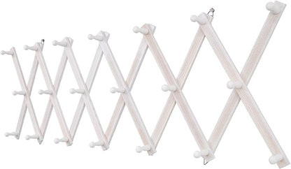 Accordion Wall Hanger with 20 Hooks, Wooden Wall Expandable Coat Rack for Coat, Hats, Baseball Caps, Coffee Mug, Jewelry(Ruist White)