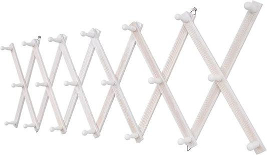 Accordion Wall Hanger with 20 Hooks, Wooden Wall Expandable Coat Rack for Coat, Hats, Baseball Caps, Coffee Mug, Jewelry(Ruist White)