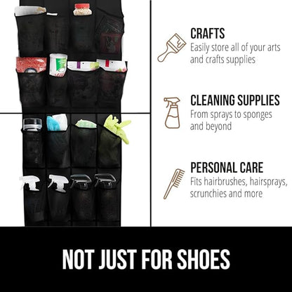 GORILLA GRIP Over the Door Shoe Organizer, 2 Pack, 24 Breathable Mesh Pockets, Space Saving Hanging Storage Holder, Closet Rack Hanger Holds Up to 40 lbs, Hangs on Closets, Shoes, Accessories, Black