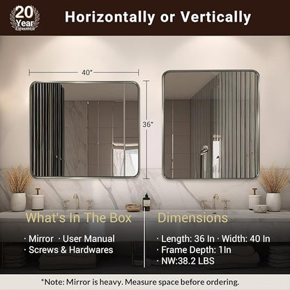 ANDY STAR 40x36 Inch Brushed Nickel Bathroom Mirror, Rounded Rectangle Bathroom Vanity Mirrors for Wall, Anti-Rust SUS304, Seamless Tube Metal Frame, 1’’ Deep Wall Mounted Vertically/Horizontal