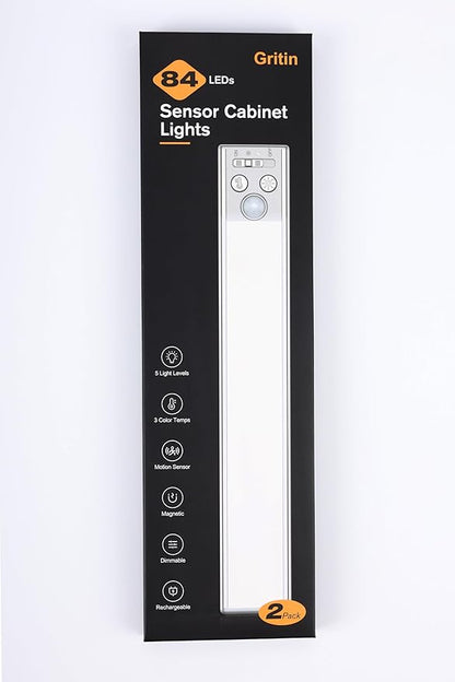 Gritin 10.2inch Under Cabinet Lighting Rechargeable -84 LED Super Bright,3-Color& 5 Level Brightness,4 Modes,Motion Sensor, Long Lasting- Easy Installation Magnetic Closet Lights -2 Pack-Gold