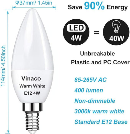 Vinaco 2 Pack E12 LED Candelabra Bulb, 400LM 4W 3000K Warm White, High Brightness, Long Lifespan, Energy Efficient, Flicker-Free, Great for Ceiling Fan Light Bulb
