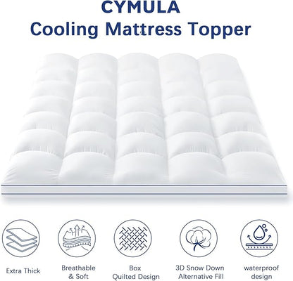 CYMULA Queen Mattress Topper Waterproof, Cooling Pillow Top Mattress Topper, Extra Thick Mattress Pad Cover with 8-21 Inch Elasticated Deep Pockets, Plush Down Alternative Fill Mattress Protector