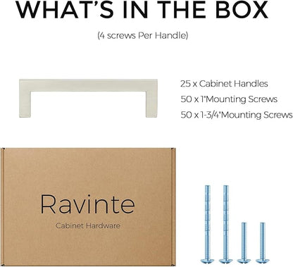 Ravinte 25 Pack Solid 3-1/2 Inch Center to Center Slim Square Bar Drawer Handles - Cabinet Hardware Brushed Nickel Pulls for Kitchen and Drawers