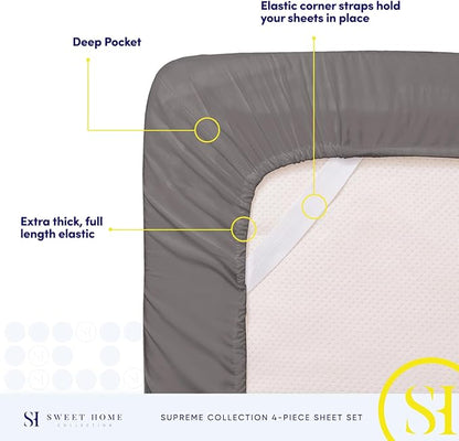 Queen Size Bed Sheets - Breathable Luxury Sheets with Full Elastic & Secure Corner Straps Built In - 1800 Supreme Collection Extra Soft Deep Pocket Bedding, Sheet Set, EXTRA DEEP pocket - Queen, Gray