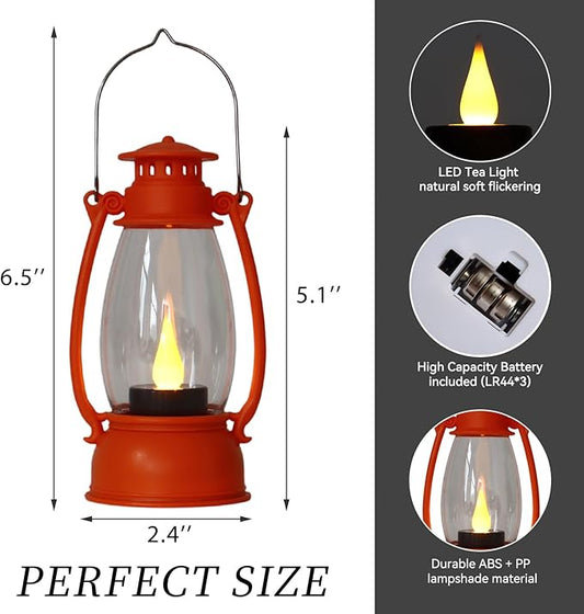 Orange Mini Lanterns Decorative 6-Pcs for Fall Halloween Thanksgiving Decoration, Small Western Lantern with LED Flickering Candle for Cowboy Camping Christmas Wedding Decor, Centerpiece Table