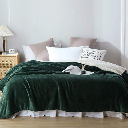 NANPIPER Bed Blanket Reversible Sherpa Flannel Blanket Super Soft Fuzzy Plush Fleece Microfiber (90"x90" Olive Green) Queen