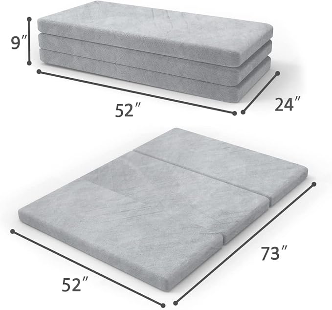 SINWEEK Tri Folding Mattress with Storage Bag - Foldable Mattress Foam Topper Floor Cot, Guest Bed with Machine Washable Cover and Waterproof Lining, CertiPUR-US Certified 52 x 73 x 3Inch