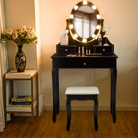Giantex Vanity Set with Lighted Mirror, Makeup Table with 10 Rose Light, Modern Dressing Desk with Cushioned Stool, 3 Drawers and 360° Rotating Mirror for Bedroom, Vanity Table with Stool (Black)