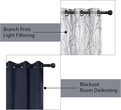BONZER Mix and Match Curtains - 2 Pieces Branch Print Sheer Curtains and 2 Pieces Blackout Curtains for Bedroom Living Room Grommet Window Drapes, 54x84 Inch/Panel, Grey Dark, Set of 4 Panels