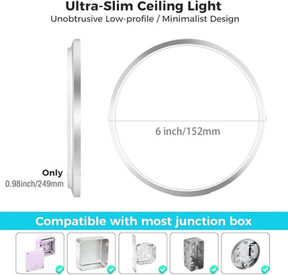 zemty 6Pack LED Ceiling Light Fixture, 6.5-Inch 12W 1200lm Small Flush Mount Light, Adjustable 3000K 4000K 6500K Color Temperatures, Round Flat Recessed Lamp for Kitchen Closet Hallway Laundry, Nickel