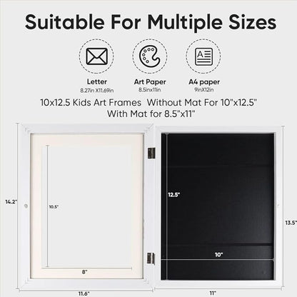 Kids Art Frames - Changeable Front Opening Holds 150, 10x12.5 Picture Frame for Displaying Kids' Artwork, Drawing, With Storage (White)