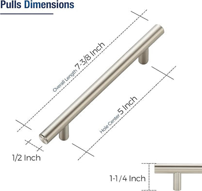 JOY DECOR 30 Pack Cabinet Handles, Brushed Nickel Cabinet Pulls, 5 in Hole Center Kitchen Cabinet Handles, Stainless Steel T Bar Handles for Dresser Drawers