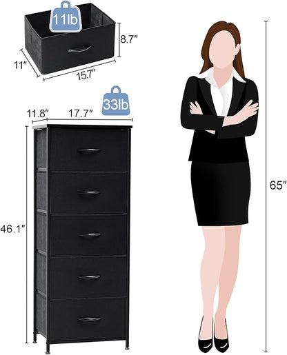 Crestlive Products Vertical Dresser Storage Tower - Sturdy Steel Frame, Wood Top, Easy Pull Fabric Bins - Organizer Unit for Bedroom, Hallway, Entryway, Closets - 5 Drawers(Black)