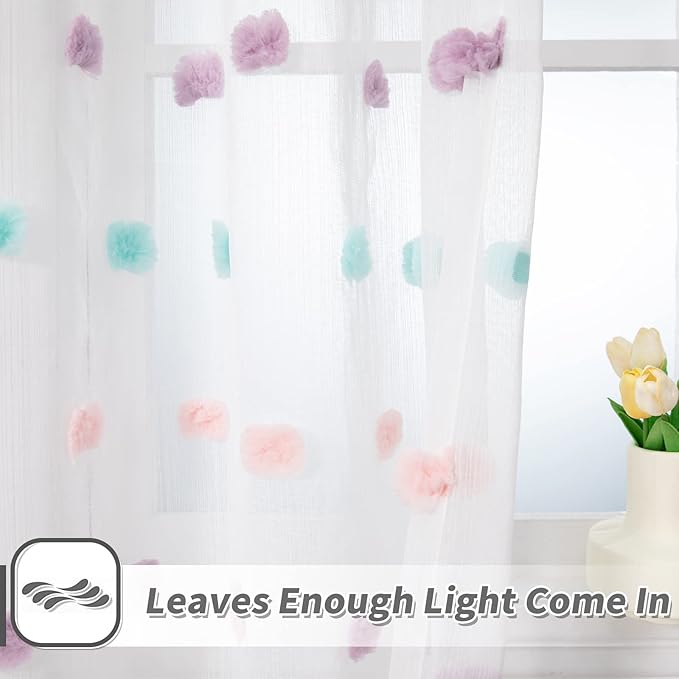 MYSKY HOME Pom Pom Curtains 84 Inch Length for Girls Bedroom 2 Panels Rainbow Curtains 84 Inch Long for Living Room Laundry Kids Nursery Rod Pocket Farmhouse Dining Room Window Drape 37" x 84"