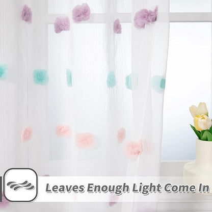 MYSKY HOME 95 Inch Curtains 2 Panels Living Room Rainbow Pom Pom Curtains for Bedroom Sliding Door Semi Sheer Boho Curtains Backdrops Dining Room Windows Drapes Rod Pocket 52 x 95 inch