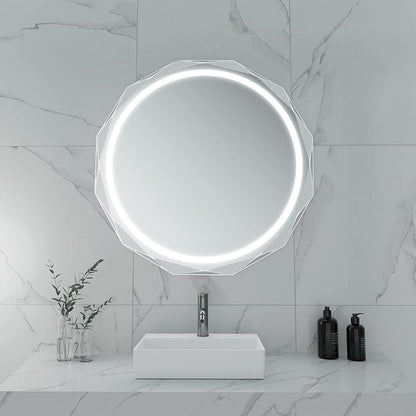Round LED Bathroom Mirror, Beveled Edge Frameless Wall Mount Bathroom Vanity Mirror with 3-Color and Anti-Fog, 24 Inch, Silver