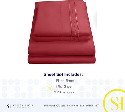 Split King Sheets - Breathable Luxury Sheets with Full Elastic & Secure Corner Straps Built In - 1800 Supreme Collection Extra Soft Deep Pocket Bedding Set, Sheet Set, Split King Size, Burgundy