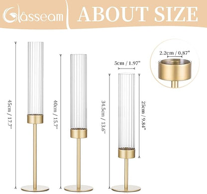 Gold Hurricane Taper Candle Holders: Glasseam 3Pcs Brass Candlestick Holders with Ribbed Glass Cylinder Cover Fluted Tall Candle Sticks Holder Decor for Table Centerpiece Wedding Christmas Decorations