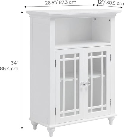 Teamson Home Neal Wooden Freestanding Floor Cabinet with 1 Adjustable Shelf 3 Storage Spaces 2 Glass Doors and 2 Clear Knobs, White