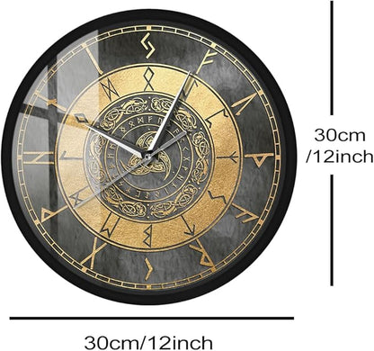 Triple Horn of Odin Decorative Wall Clock with Metal Frame, 12 Inch Viking Decor Nordic Sign Clock Scandinavic Mythology Celtic Rune Norse Pagan Clock Silent Movement Viking Gifts for Men