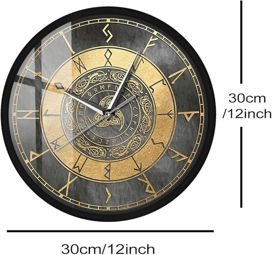 Triple Horn of Odin Decorative Wall Clock with Metal Frame, 12 Inch Viking Decor Nordic Sign Clock Scandinavic Mythology Celtic Rune Norse Pagan Clock Silent Movement Viking Gifts for Men