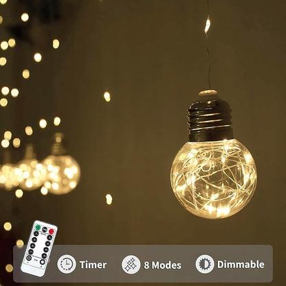 YOLIGHT Wishing Ball Curtain Lights 200 LED Window Curtain String Lights with Remote, USB Battery Powered Twinkle Globe Fairy Lights for Wedding Party Bedroom Christmas Decoration (Warm White)