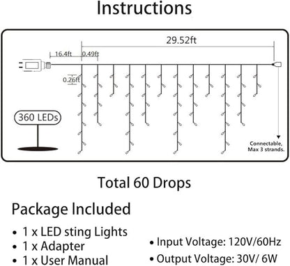 Toodour Christmas Icicle Lights Outdoor, 360 LED 29.5ft 8 Modes Fairy Icicle String Light with 60 Drops, Led Christmas Lights Twinkle for Holiday, Party, Wedding, Eaves, Xmas Decorations (White)