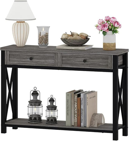 BON AUGURE Sofa Table with Drawers, Console Tables for Entryway, Sofa Table with Storage, Couch Tables for Living Room, Hallway, Foyer, Entry (Dark Grey Oak, 47 Inch)