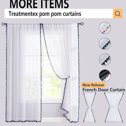 Treatmentex Pom-Pom Sheer Curtains for Girl's Bedroom 84 inches Long Voile Curtain Panels Rod Pocket Lilac 52" w x 2pc