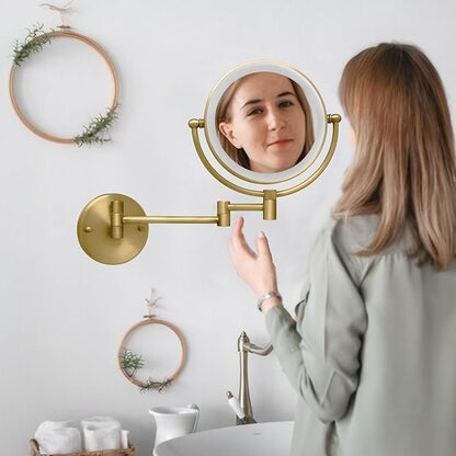 Make up Mirror Wall Mounted Lighted 10X Magnifying Hard Wired, Double Sides 3 Color Lighting Touch Dimming, 360 Swivel Extended Arm Shaving Light up Mirror for Bathroom, Antique Brass