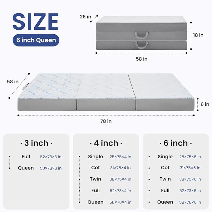 Foldable Mattress Queen 6 inch -Portable White Memory Foam Folding Matress with Washable Cover for Camping Travel Guest Room Home Use-Non-Slip&Easy Storage