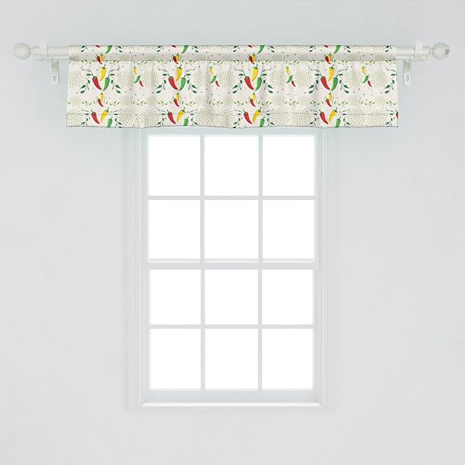 Lunarable Vegetables Window Valance Pack of 2, Gourmand Peppers on Swirl Branches Mexican Food Hot Sauce Image, Rod Pocket Curtain Valances for Kitchen Bedroom, 54" X 12", Fern Green