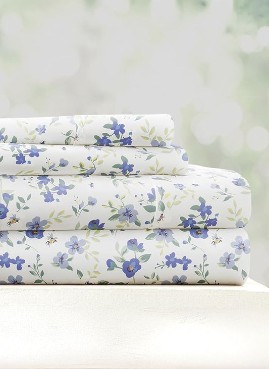 Linen Market 4 Piece Queen Sheet Set - Breathable, Double-Brushed Patterned Cooling Sheets – Oeko-TEX Certified Ultra Soft & Wrinkle-Free 16" Deep-Pocket Queen Sheets - Easy Care Blossoms Light Blue