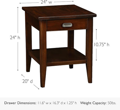 Leick Home Laurent End Table, Solid Wood, 1 Storage Drawer, Bottom Display Shelf, Easy-Assembly, For Living Room/Bedroom, Chocolate Cherry, 20.0 in. L x 24.0 in. W x 24.0 in. H, 10507