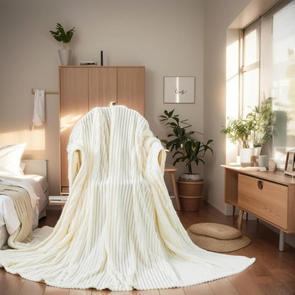 Cuddly Queen Size Blanket, Fluffy Fleece, Warm & Soft with Striped Pattern, 90x90 Inches, Cream