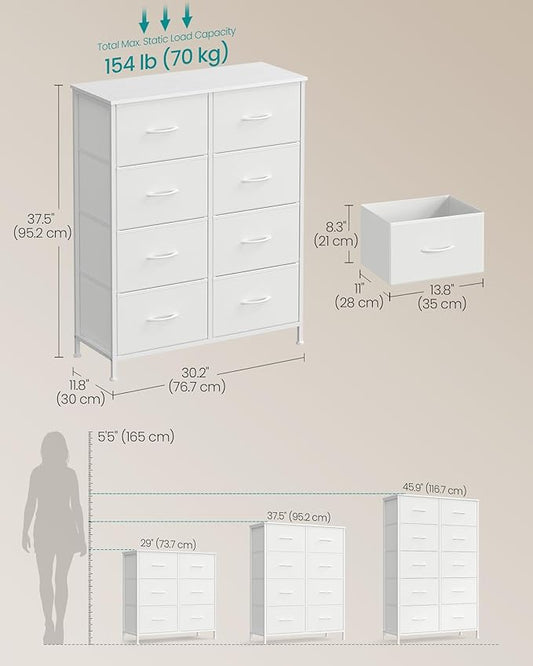 SONGMICS Dresser for Bedroom, Chest of Drawers, Steel, MDF, 8 Non-Woven Fabric Drawers, Storage Organizer Unit, Closet, Entryway, Cloud White and Snow White ULGS124W01S