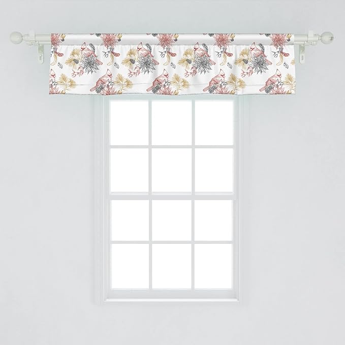 Lunarable Cardinal Bird Window Valance Pack of 2, Creative Vintage Pattern with Leaves Plants Pine Cones, Rod Pocket Curtain Valances for Kitchen Bedroom, 54" X 12", Vermilion Black